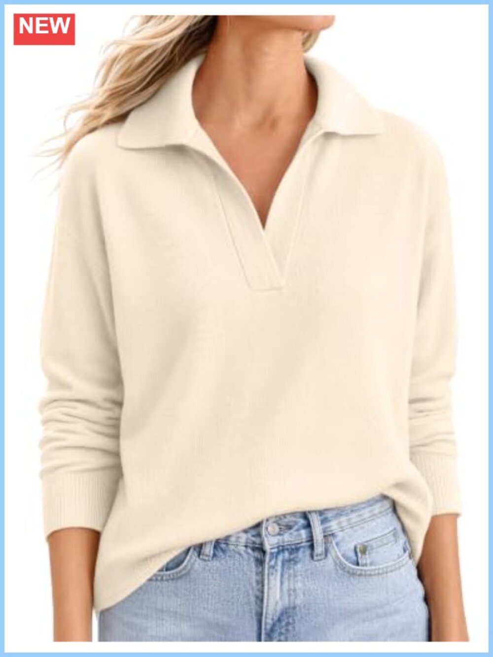 Polo Collared V Neck Sweater Womens Long Sleeve Pullover Fall Work Basic